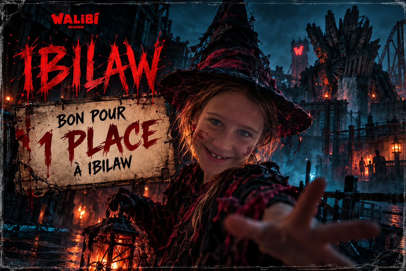 Bon pour 1 place à Ibilaw, Walibi Belgium : Camille en sorcière tend la main, sa lanterne allumée, devant le manège hanté.